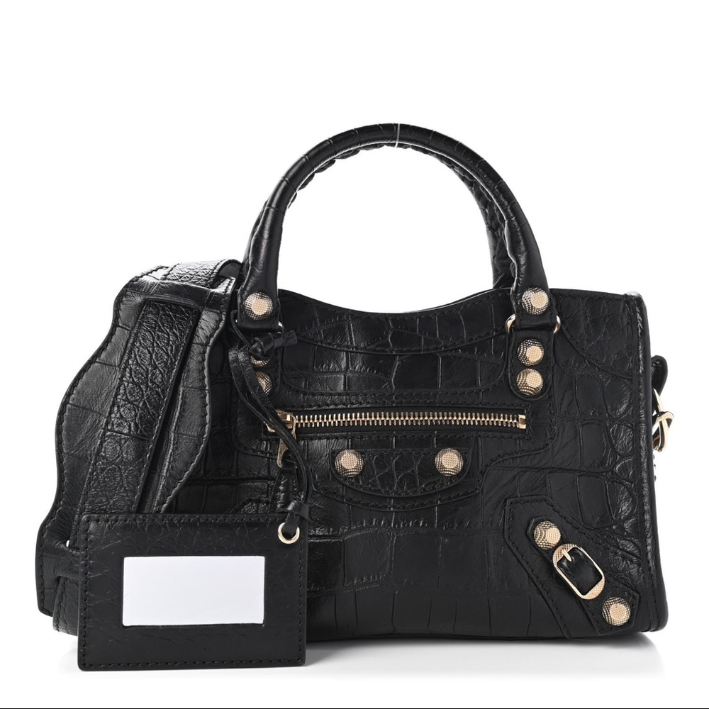 Calfskin Giant 12 Gold Hardware Crocodile Embossed Mini City Black